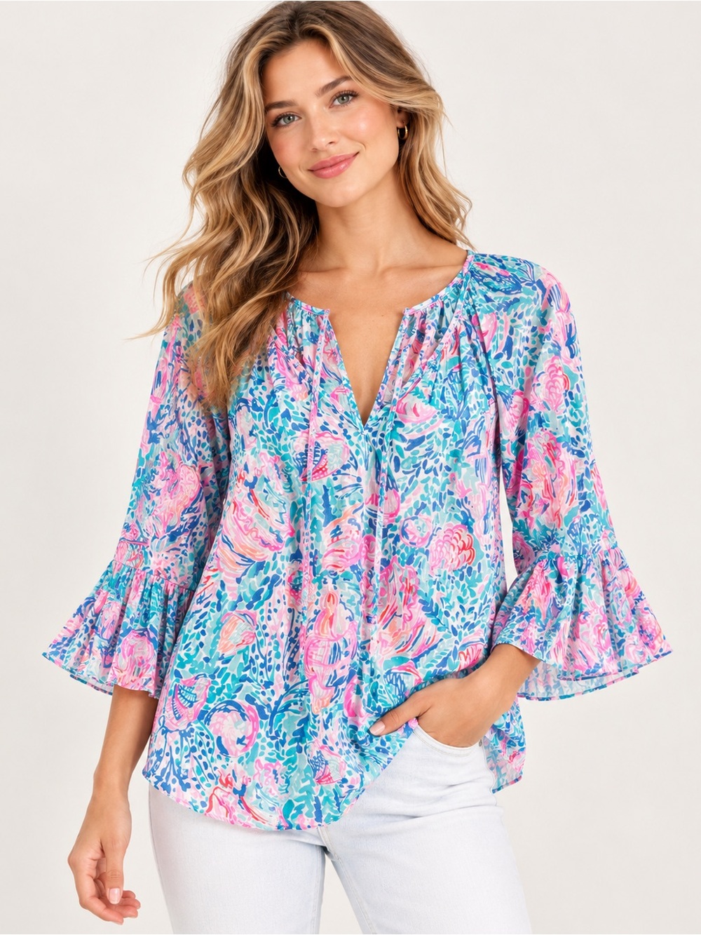 Lilly Pulitzer Printed Split-Neck Ruffle Bell Sleeve Blouse Size Small